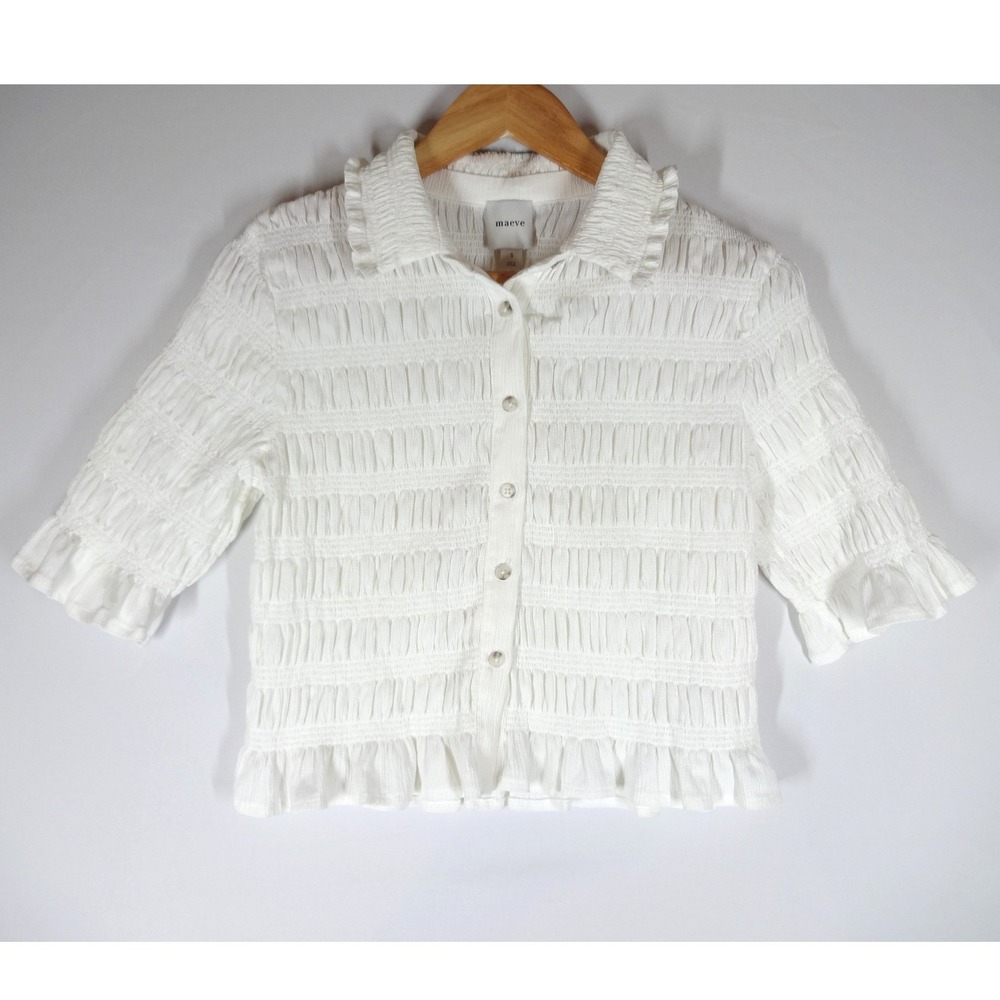 Maeve Smocked Ruffle Button Down Shirt Womens Small Ivory Textured Coquette Top